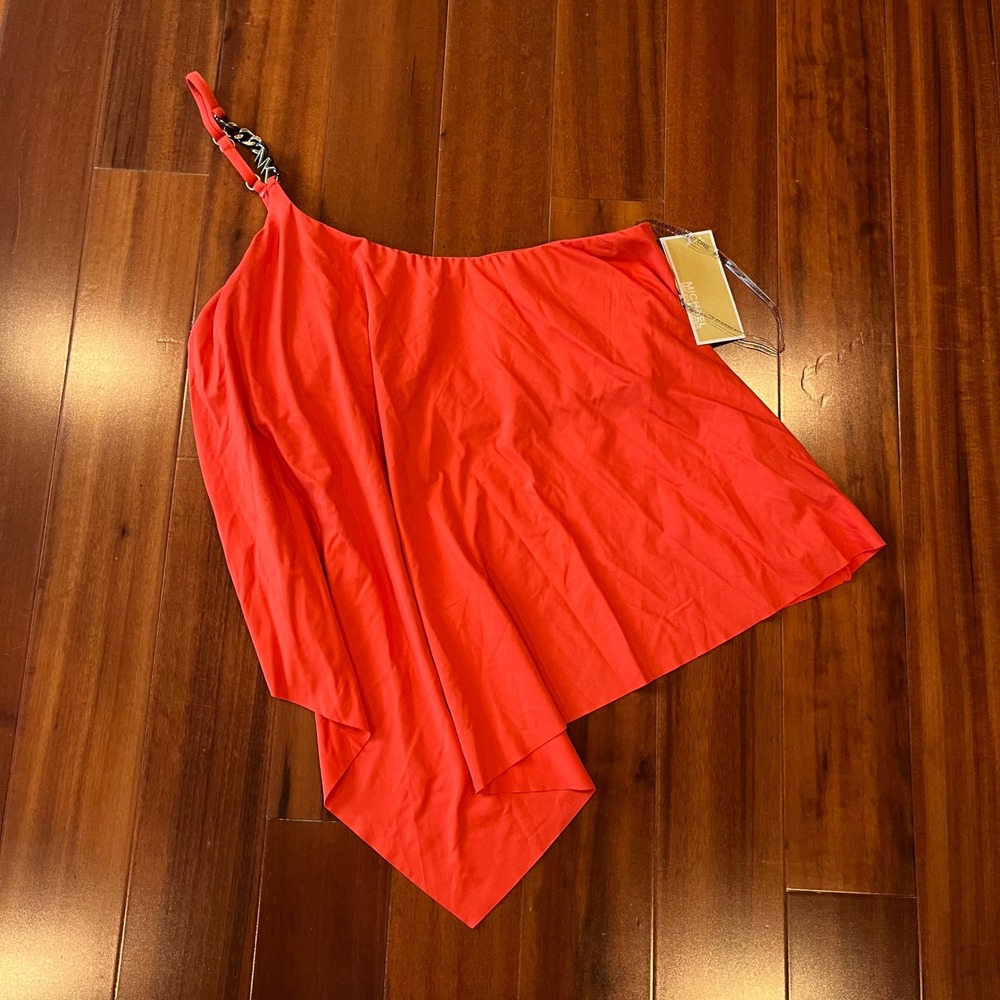 Michael Kors Tankini Swim Top Ruby Orange Red One Shoulder Chain Strap New Small